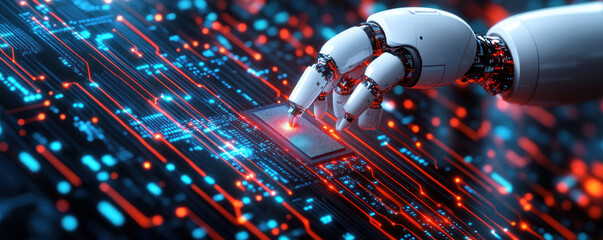 Poster - A robot hand is touching a computer chip. Concept of technology and innovation, as well as the idea of human-like machines interacting with the digital world