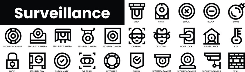 Poster - Set of outline surveillance icons. Minimalist thin linear web icon set. vector illustration.