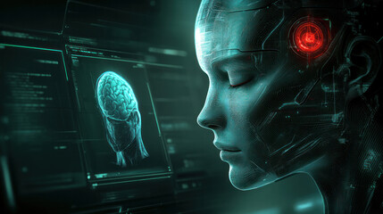 Poster - A woman's face is projected on a screen, with a brain in the foreground. Concept of technology and artificial intelligence, as the woman's face is displayed on a computer monitor