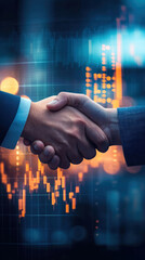 Poster - Two people shaking hands in front of a graph. The graph is showing a downward trend. Scene is serious and professional
