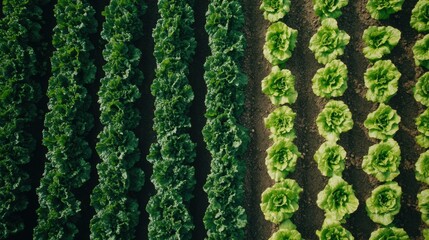 Poster - Neatly planted rows of vibrant green vegetables are thriving in a sunny garden, showcasing healthy growth and organization. Generative AI
