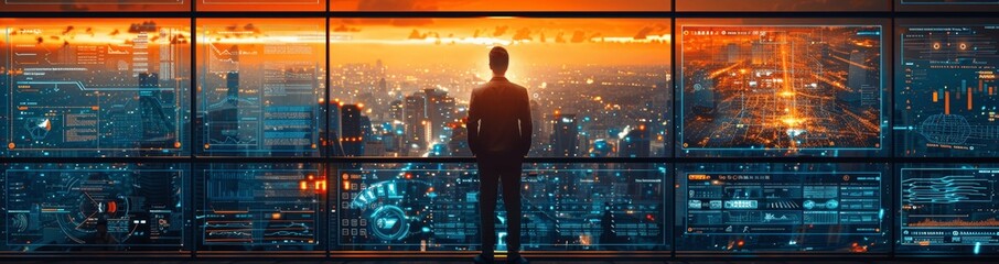 Poster - Global Team Collaboration on Digital Projects, Network Data Exchange, Corporate Tech Environment, Urban Cityscape, Professional Business Team Working Together