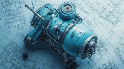 Poster - Industrial Engine over Blueprint Background