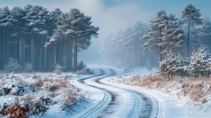 Aufkleber - A winding road covered in snow cuts through a peaceful forest. Tall trees line the path, creating a tranquil winter atmosphere with soft clouds overhead.