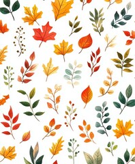 Wall Mural - Watercolor autumn leaves pattern with rich colors, showcasing various leaf shapes in seamless design.