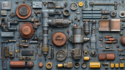 Poster - Vintage Industrial Pipe and Fittings Flat Lay Display