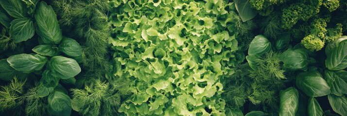 Poster - Bright green lettuce, dill, and basil are freshly harvested and artistically arranged on a wooden surface, showcasing their vibrant colors. Generative AI