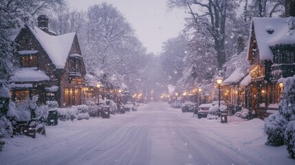 Aufkleber - A picturesque village street blanketed in snow, featuring charming houses with warm lights glowing softly amidst falling snowflakes, evoking a serene winter vibe.
