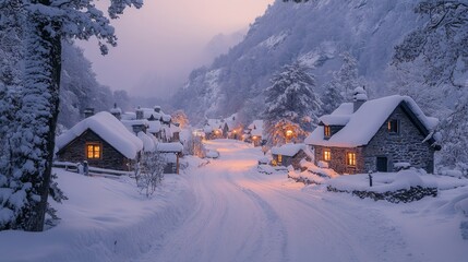 Aufkleber - A picturesque village nestled in the mountains, covered in fresh snow. Cozy cottages glow softly with light as evening approaches, creating a tranquil winter atmosphere.