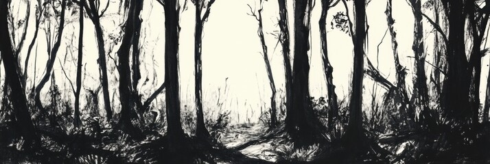 Aufkleber - A dense forest is illustrated in black ink, showcasing complex tree structures and shadows that convey depth and intrigue. Generative AI