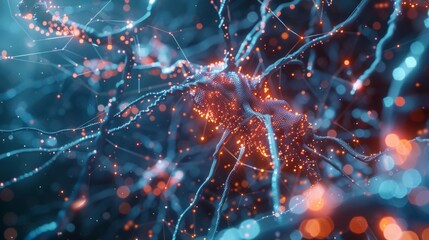 Poster - Glowing particles form a complex neural network, symbolizing the intricate connections and data flow within a futuristic biological or artificial brain