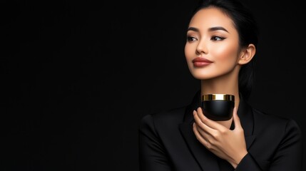 Portrait of serene Asian female model holding skincare product dark modern background direct front angle subtle elegance thoughtful expression beauty focus