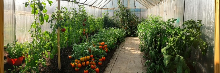 Poster - Inside the greenhouse, ripe tomatoes, fresh cucumbers, and colorful peppers thrive in rows, showcasing a healthy produce garden. Generative AI