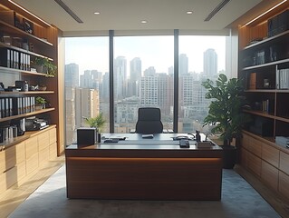 Poster - Modern office space with a view of a city skyline, designed for productivity and comfort.