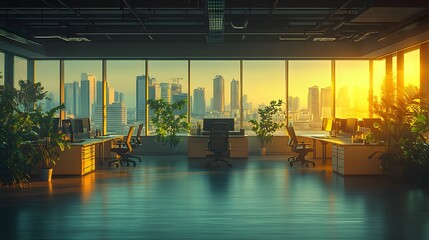 Poster - Modern office space with city skyline and sunlight, featuring plants and workstations.