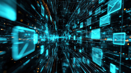 Poster - A computer screen with many blue squares that are all different sizes and shapes. The squares are all connected to each other and appear to be moving. Concept of technology and complexity