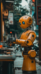 Poster - A robot in a yellow suit is standing in front of a counter. The robot is holding a piece of paper in its hand