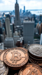Poster - A pile of coins with the letter B on them. The coins are stacked on top of each other