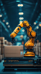 Poster - A robot is working on a box in a warehouse. The robot is yellow and has a box in front of it