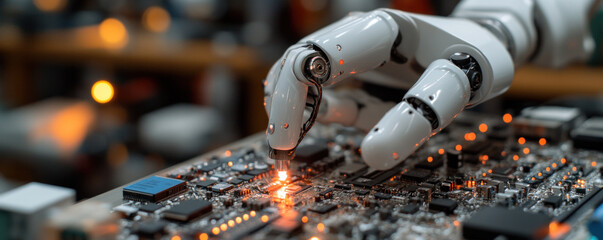Poster - A robot is touching a circuit board with a light on it. The robot is white and has a human-like hand. The circuit board is lit up, and the robot is reaching out to touch it