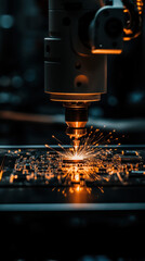 Poster - A machine is melting a piece of metal. Concept of destruction and chaos, as the metal is being melted and transformed into a new form. The bright orange sparks
