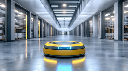 Poster - A yellow robot is in a large, empty room. The robot is surrounded by a blue light, which gives it a futuristic appearance. The room is empty, with no people or objects visible