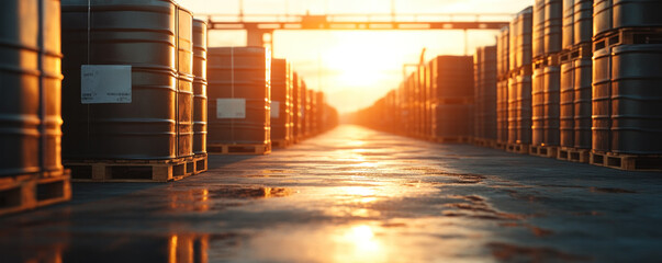 Poster - A warehouse full of barrels with the sun shining through the windows. The barrels are stacked on pallets and are of different sizes