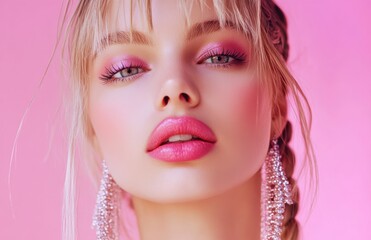 Young blonde woman with braided hair and glossy lips stands against a pastel pink background, exuding an ultra feminine, doll like elegance.