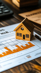 Poster - A wooden house is sitting on top of a piece of paper with a graph on it. The house is small and brown, and it is a model of a house. The graph on the paper shows a downward trend
