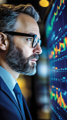 Poster - A man in a suit is looking at a computer screen with a lot of numbers on it. He is wearing glasses and he is focused on the screen