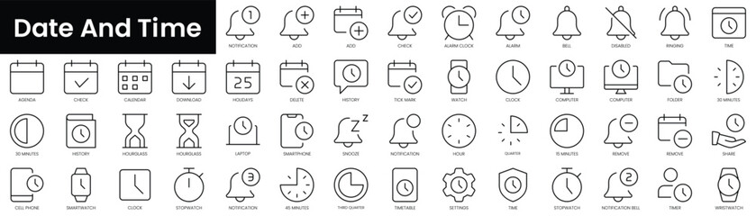 Fototapete - Set of outline date and time icons. Minimalist thin linear web icon set. vector illustration.