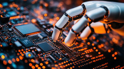 Poster - A robot is touching a computer chip. The robot is white and the chip is orange. Concept of technology and automation