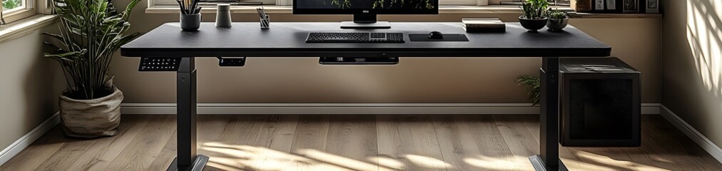 Poster - Modern workspace featuring a standing desk, computer, and plants in a well-lit room.
