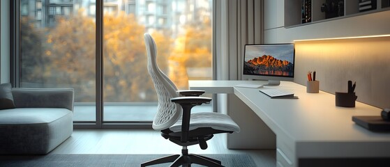 Poster - Modern workspace with a desk, chair, and computer overlooking a scenic view.