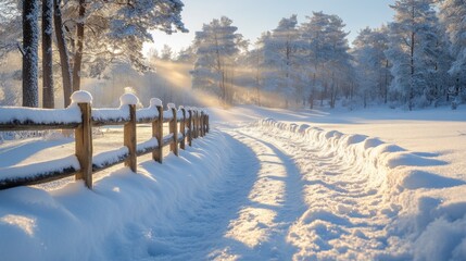 Aufkleber - A tranquil winter scene features a snowy pathway bordered by a wooden fence, illuminated by the soft glow of the rising sun piercing through trees, creating a peaceful atmosphere.