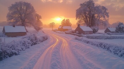 Poster - A quiet village road winds through a snowy landscape, framed by charming houses and majestic trees. The vibrant sunset casts warm hues across the winter scene.
