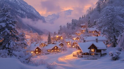 Poster - A quaint village is nestled in the snow-covered mountains during dusk. Soft light illuminates cozy houses, creating a warm atmosphere against the winter backdrop.