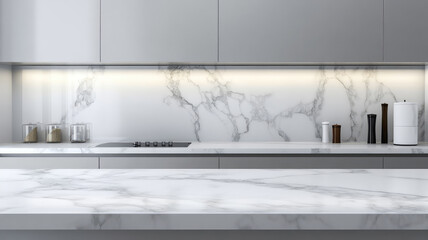 Wall Mural - empty white marble counter top table modern kitchen for display over bright luxury kitchen background, product design on display, detailed high definition image