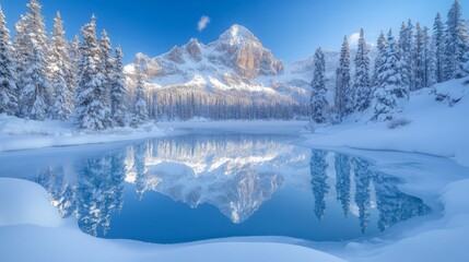 Poster - A peaceful winter landscape showcases majestic snow-capped mountains mirrored in a crystal-clear lake, surrounded by towering evergreens under a bright blue sky.