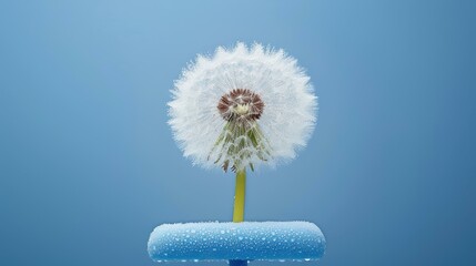 Wall Mural - A delicate dandelion glistens with dew against a serene blue backdrop, showcasing natures beauty in soft focus.