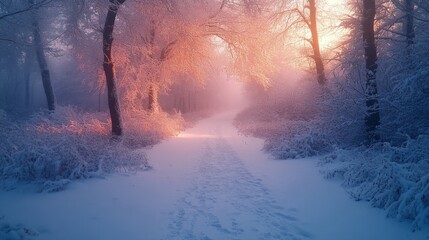 Aufkleber - A beautiful winter landscape features a snow-covered path winding through a forest. Soft orange light touches the trees as morning approaches, creating a peaceful atmosphere.