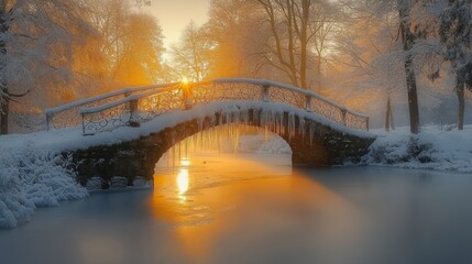 Poster - Golden sunlight breaks through trees, reflecting on the icy water beneath a quaint, snow-draped bridge in a tranquil winter park.