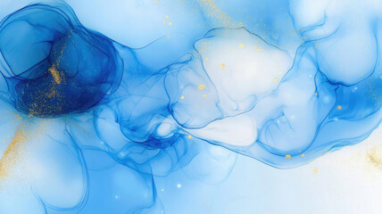 Wall Mural - abstract blue and white alcohol ink style with gold glitter shimmer background, extremely detailed image