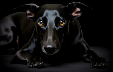 A cute black dog is sitting on a black background, showing its playful and friendly nature.