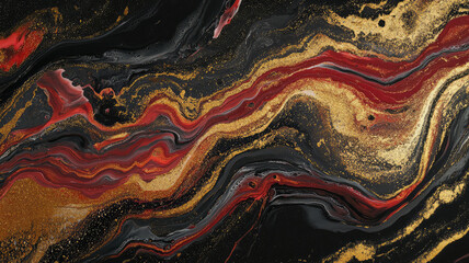 Wall Mural - black red and gold marble abstract background. decorative acrylic paint pouring rock marble texture. horizontal black red and gold wavy abstract pattern. high quality image