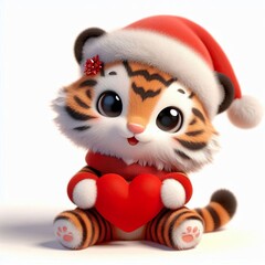 Wall Mural - 3d Cute fluffy christmas tiger cub doing mini heart pose, full body, white background