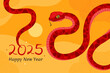 © sorninai - Happy 2025 New Year of the Snake, Lunar New Year or Chinese New Year. Red curved snake and full moon on a yellow background. Greeting card or banner. Zodiac animal cartoon character.