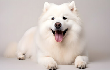 Cute Samoyed dog with fluffy white fur and playful pose on a white background.