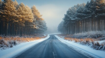 Poster - A tranquil winter scene showcases a winding road blanketed in fresh snow, bordered by tall pine trees with frost clinging to their branches, creating a peaceful rural setting.