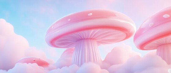 Wall Mural - Pink mushrooms are floating in the sky. The sky is blue and fluffy. The mushrooms are pink and have a whimsical, playful appearance